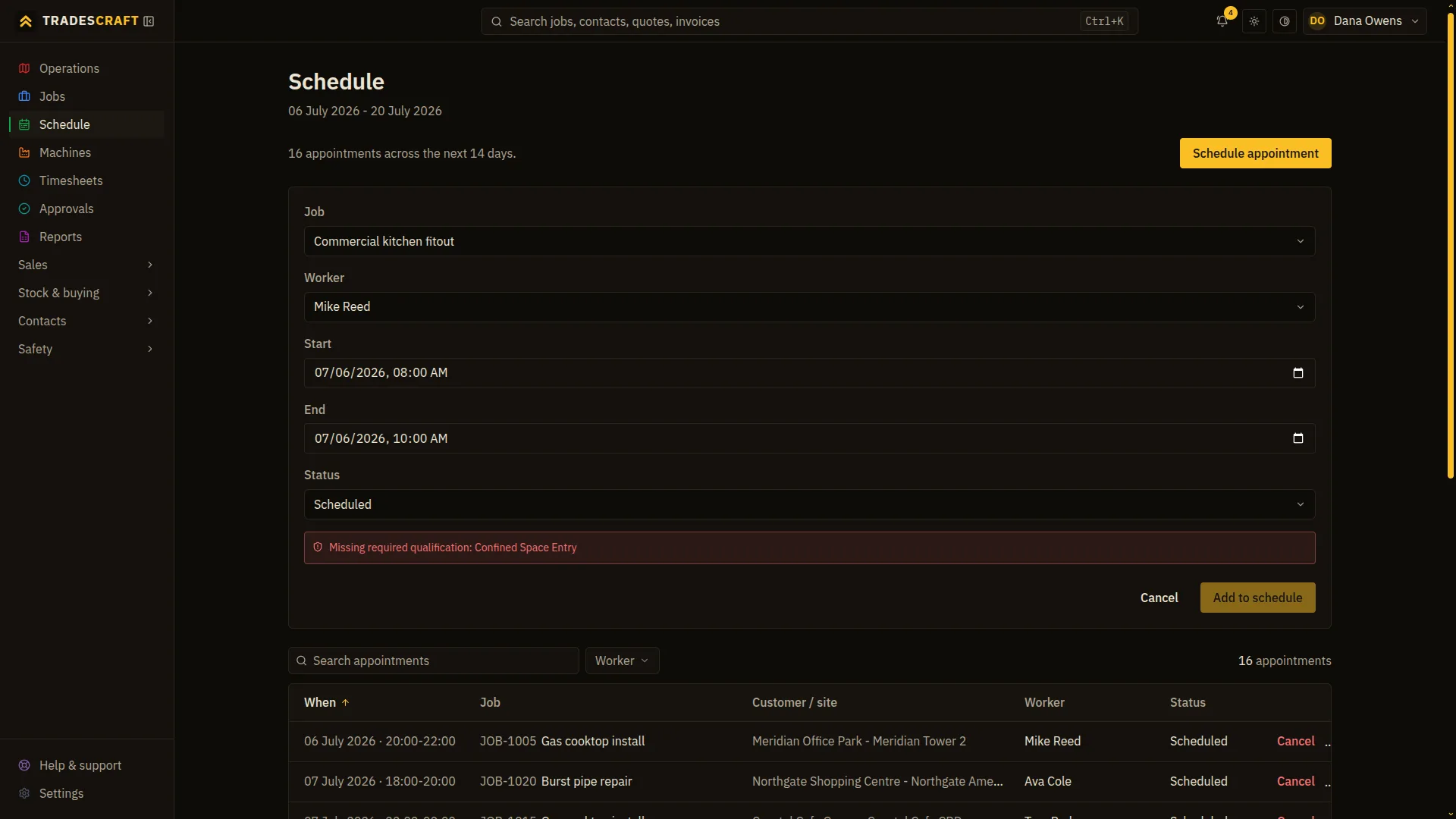 The Tradescraft schedule showing a dispatch blocked: assigning this worker to the job raises 'Missing required qualification: Confined Space Entry' and the Add to schedule button is disabled