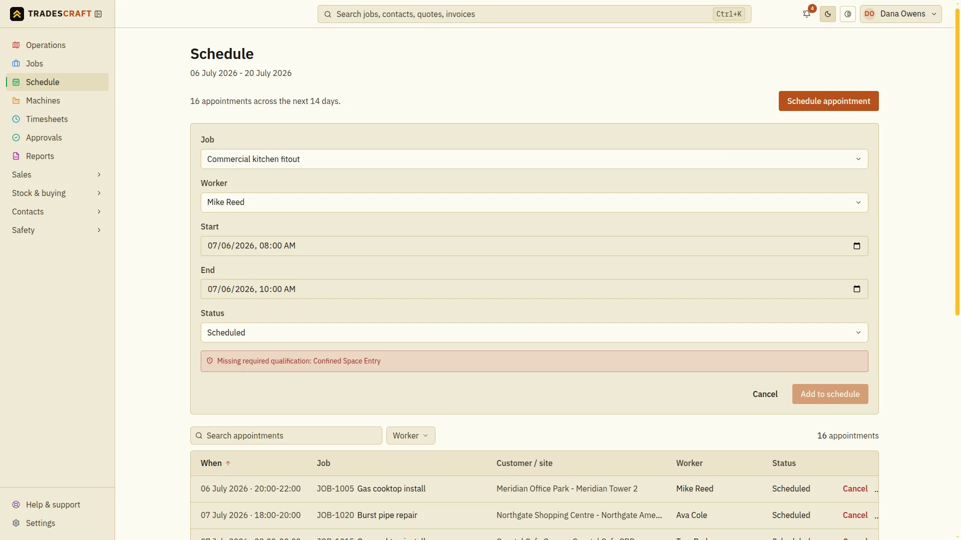The Tradescraft schedule showing a dispatch blocked: assigning this worker to the job raises 'Missing required qualification: Confined Space Entry' and the Add to schedule button is disabled