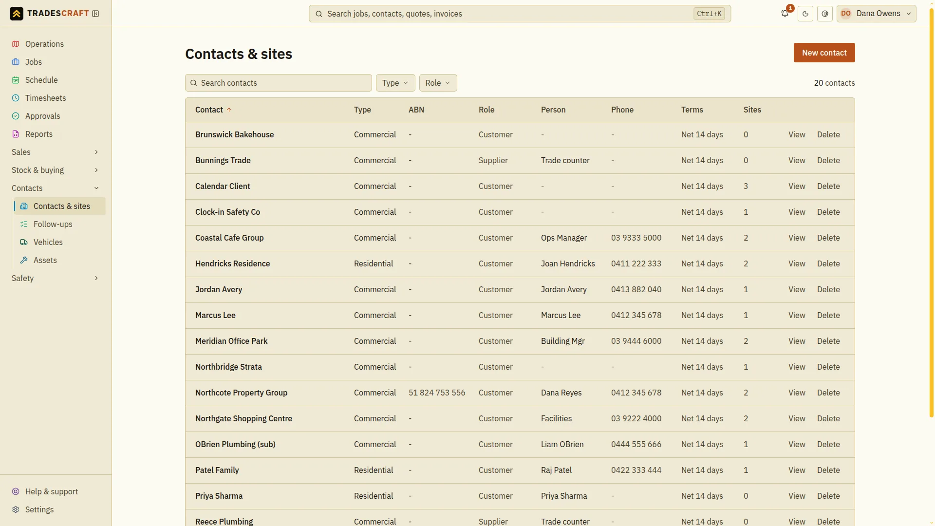 The Tradescraft contacts list showing each customer's type, ABN, role, contact person, phone, payment terms and site count
