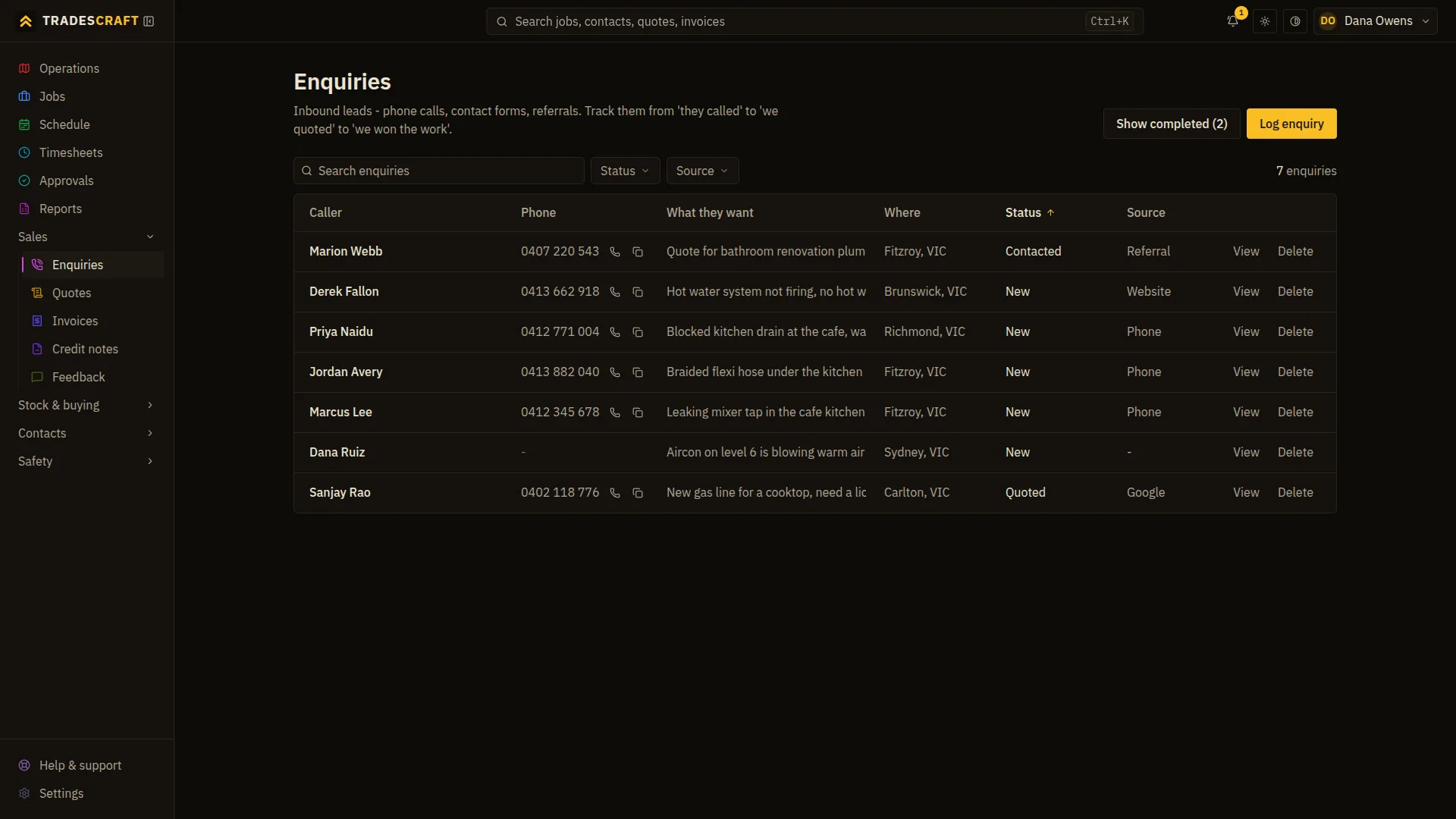 The Tradescraft enquiries list showing each lead's caller, phone, what they want, suburb, status and source