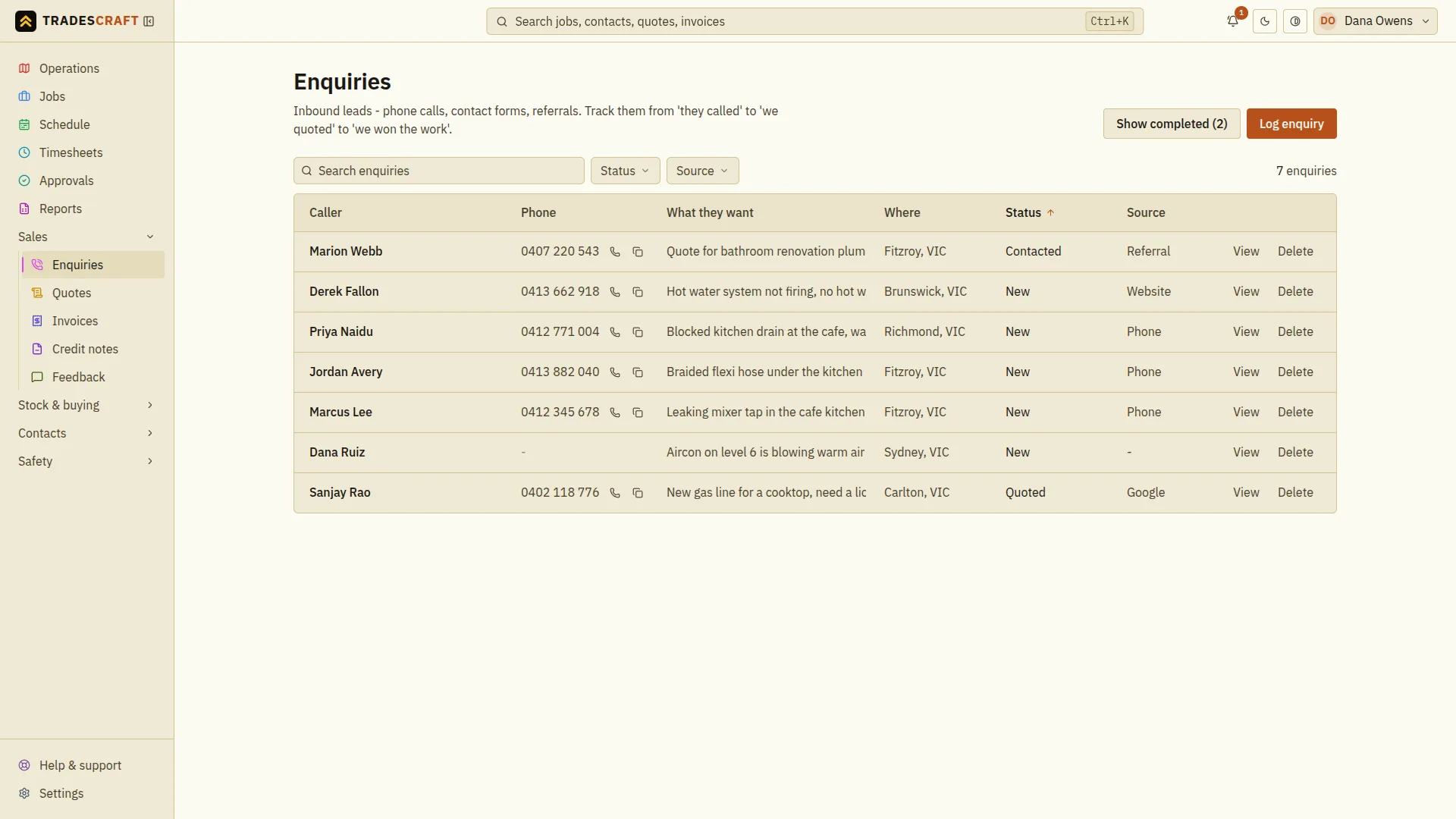 The Tradescraft enquiries list showing each lead's caller, phone, what they want, suburb, status and source