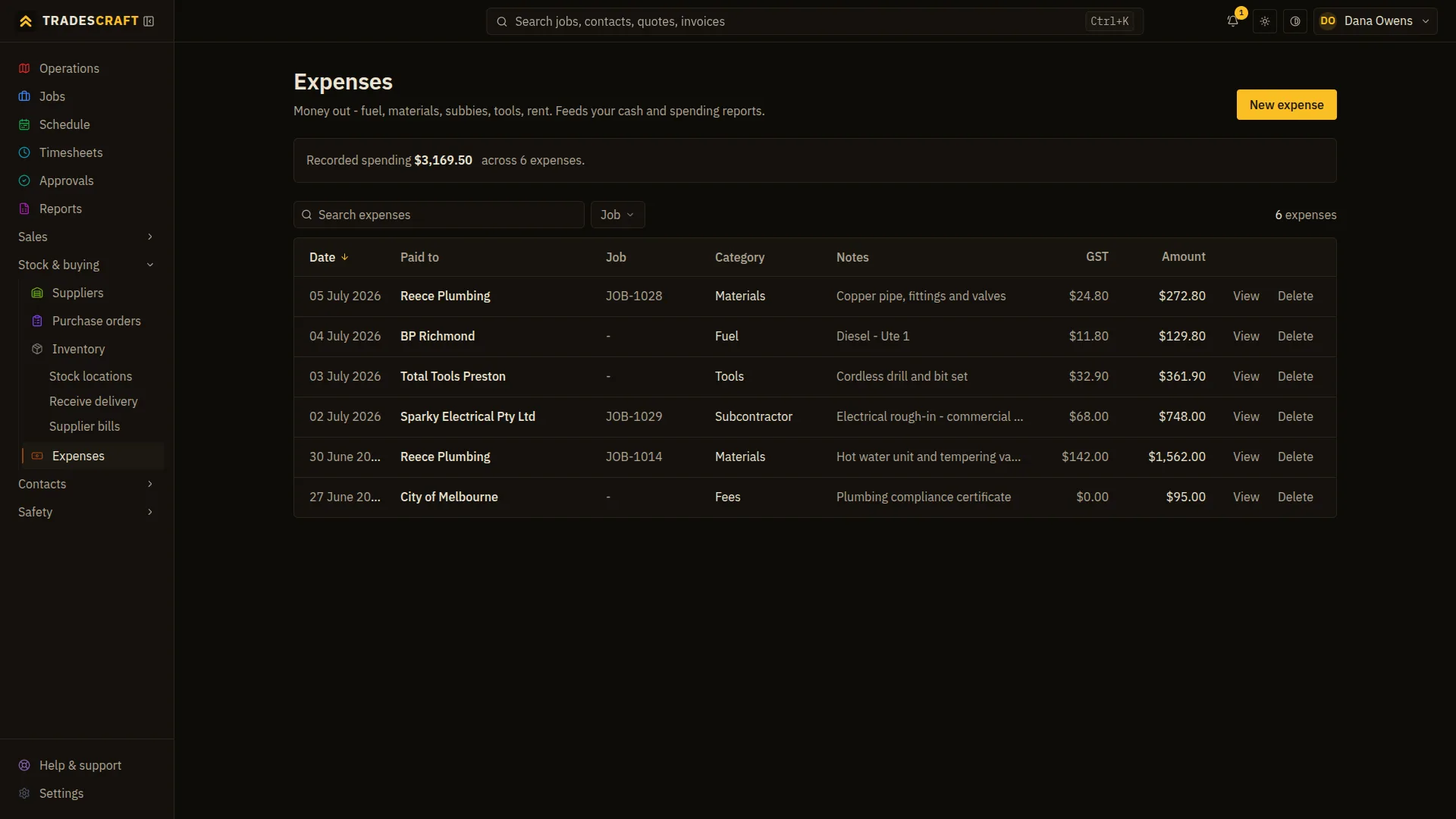 The Tradescraft expenses list showing each spend's date, payee, linked job, category, note, GST and amount, with a running total