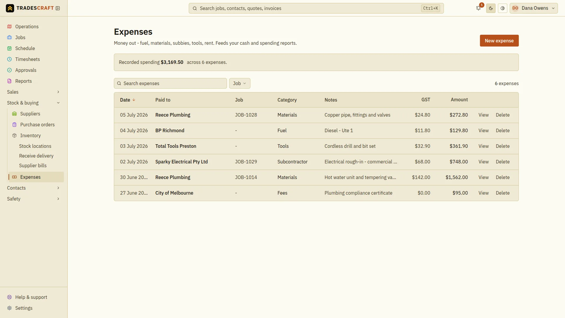 The Tradescraft expenses list showing each spend's date, payee, linked job, category, note, GST and amount, with a running total
