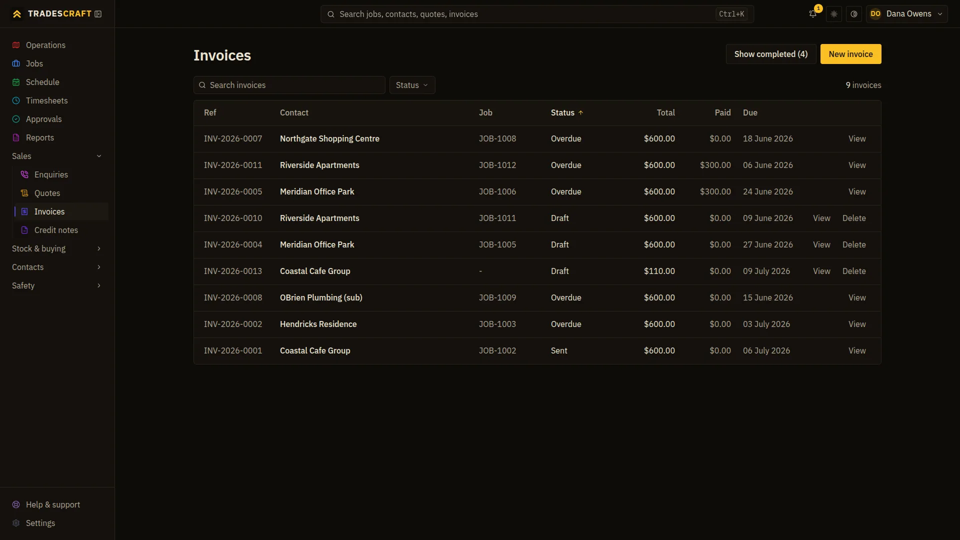 The Tradescraft invoices list showing reference, contact, job, status, total, amount paid and due date for each invoice