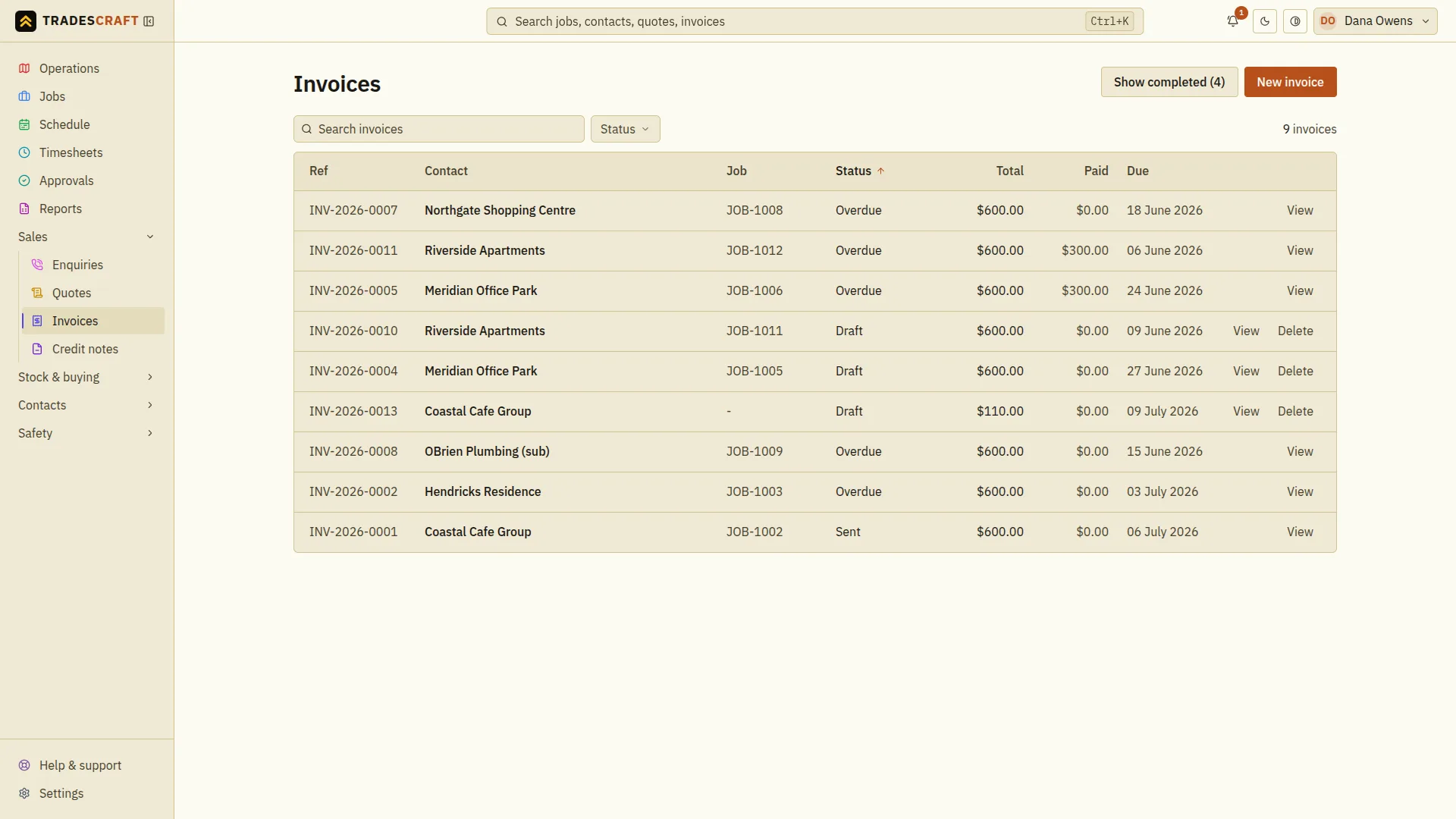 The Tradescraft invoices list showing reference, contact, job, status, total, amount paid and due date for each invoice