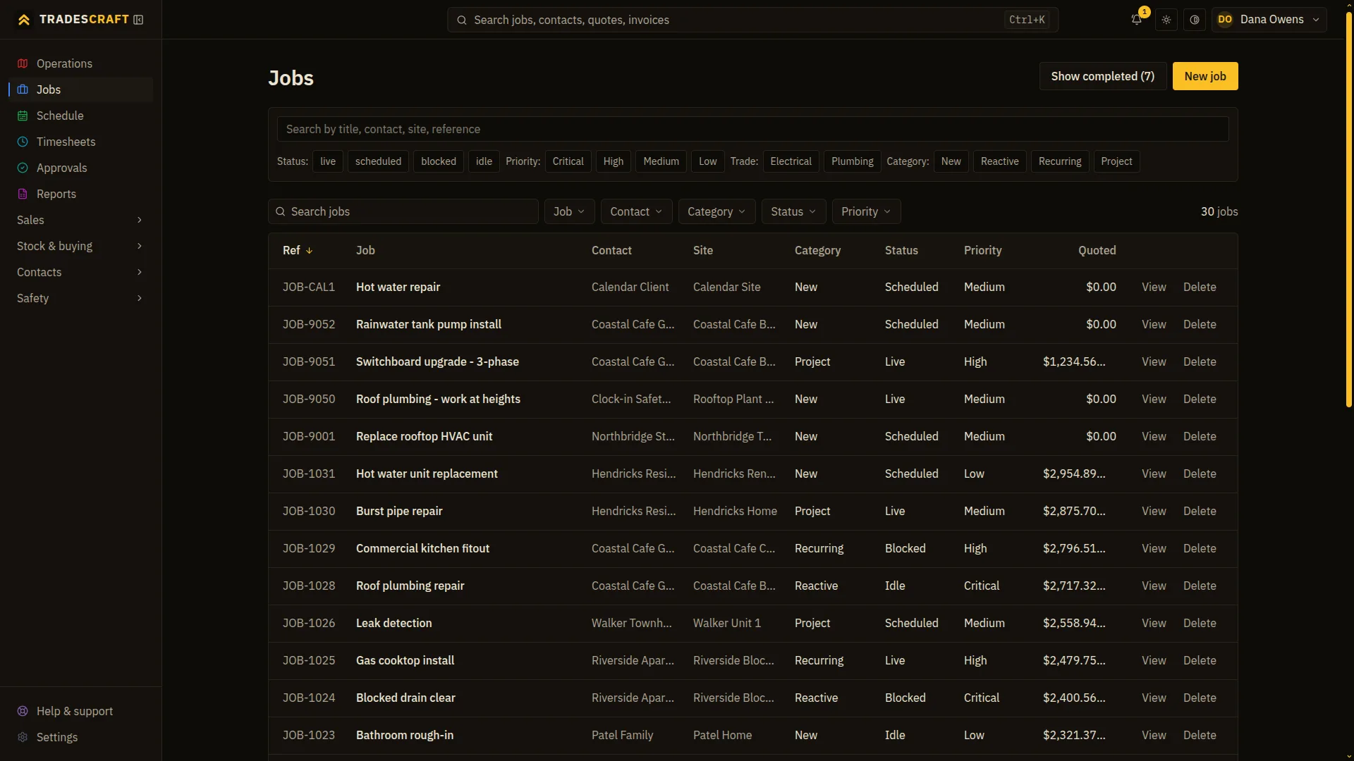 The Tradescraft jobs list showing status, priority, contact, site and quoted value for every job