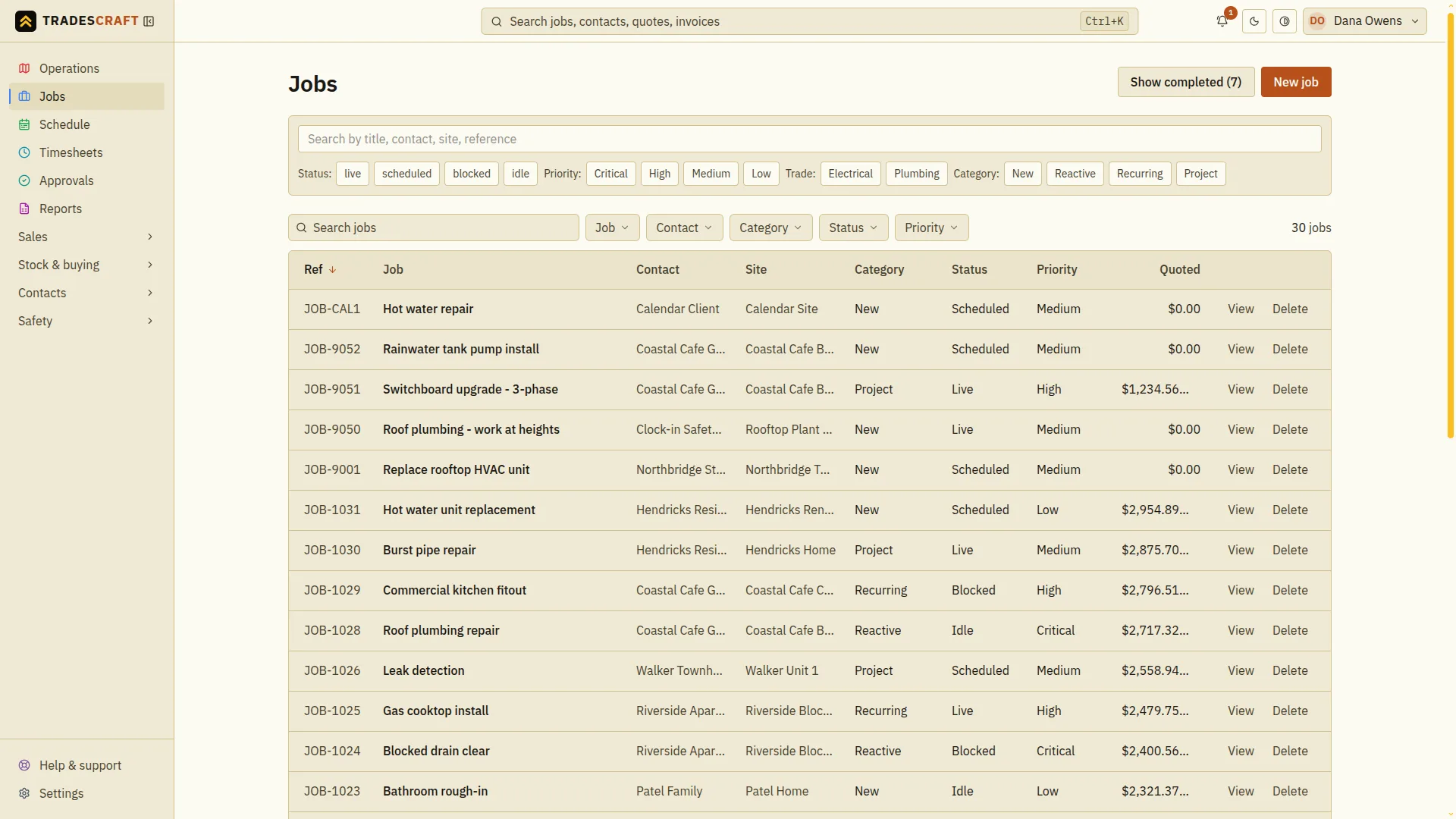 The Tradescraft jobs list showing status, priority, contact, site and quoted value for every job
