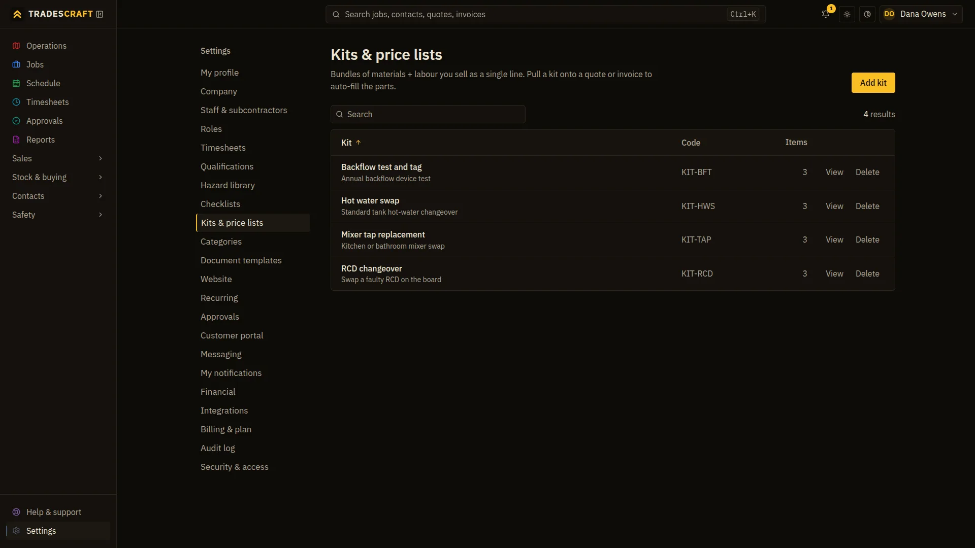 The Tradescraft kits and price lists screen listing each standard kit with its code and how many parts it bundles