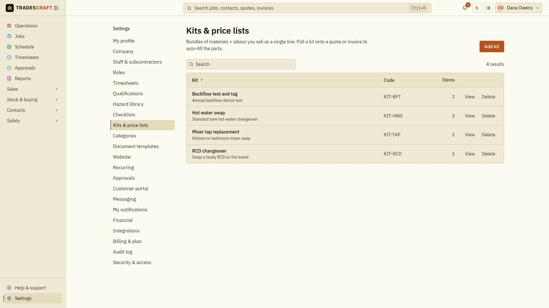 The Tradescraft kits and price lists screen listing each standard kit with its code and how many parts it bundles