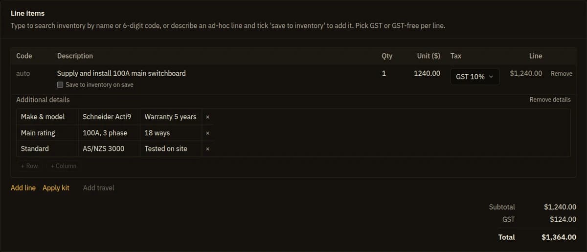 A quote line item with a small details table beneath it listing make and model, rating and warranty