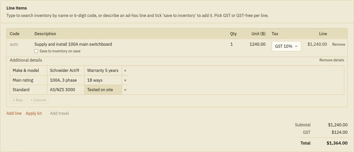 A quote line item with a small details table beneath it listing make and model, rating and warranty