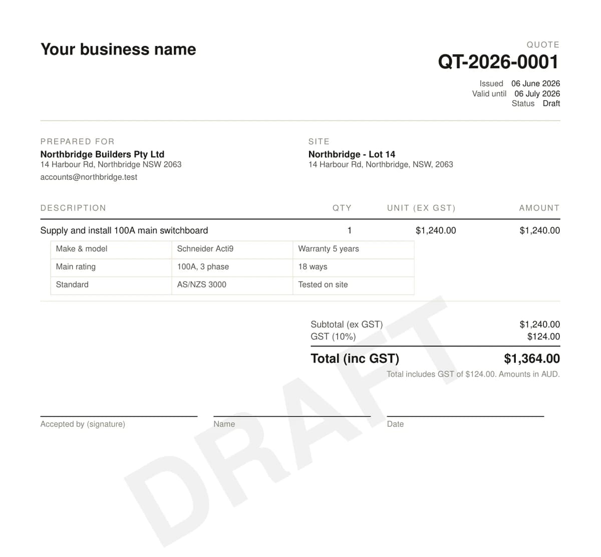 A printed quote PDF showing the line item with its details table laid out neatly underneath