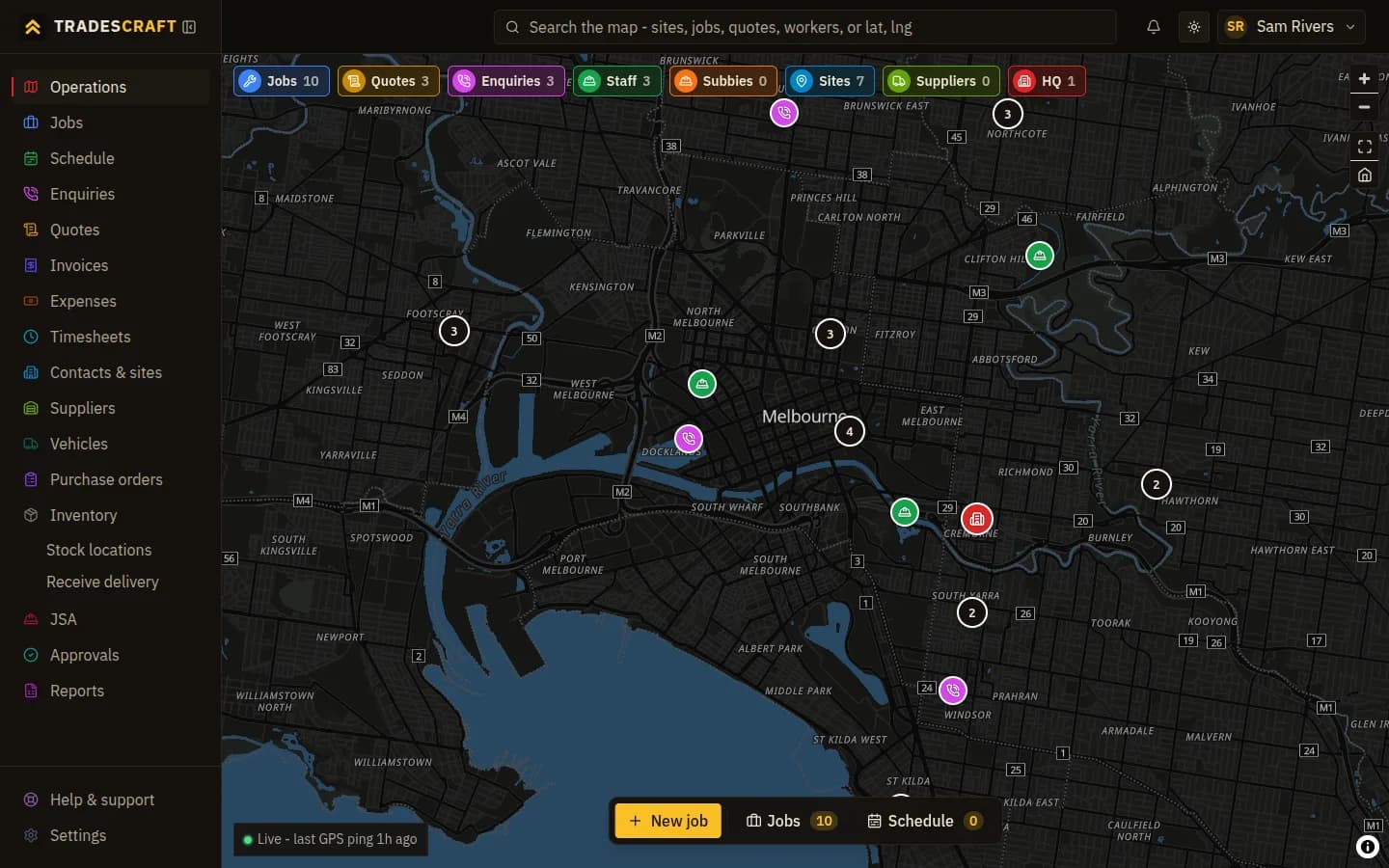 The Tradescraft operations map with jobs, quotes, enquiries, sites and crew pinned across a city
