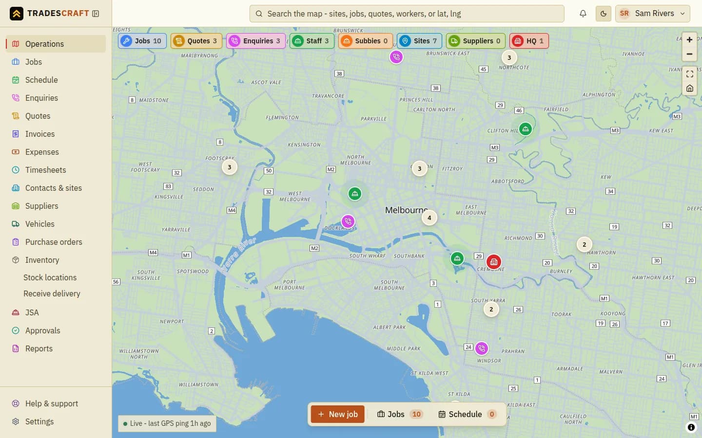 The Tradescraft operations map with jobs, quotes, enquiries, sites and crew pinned across a city