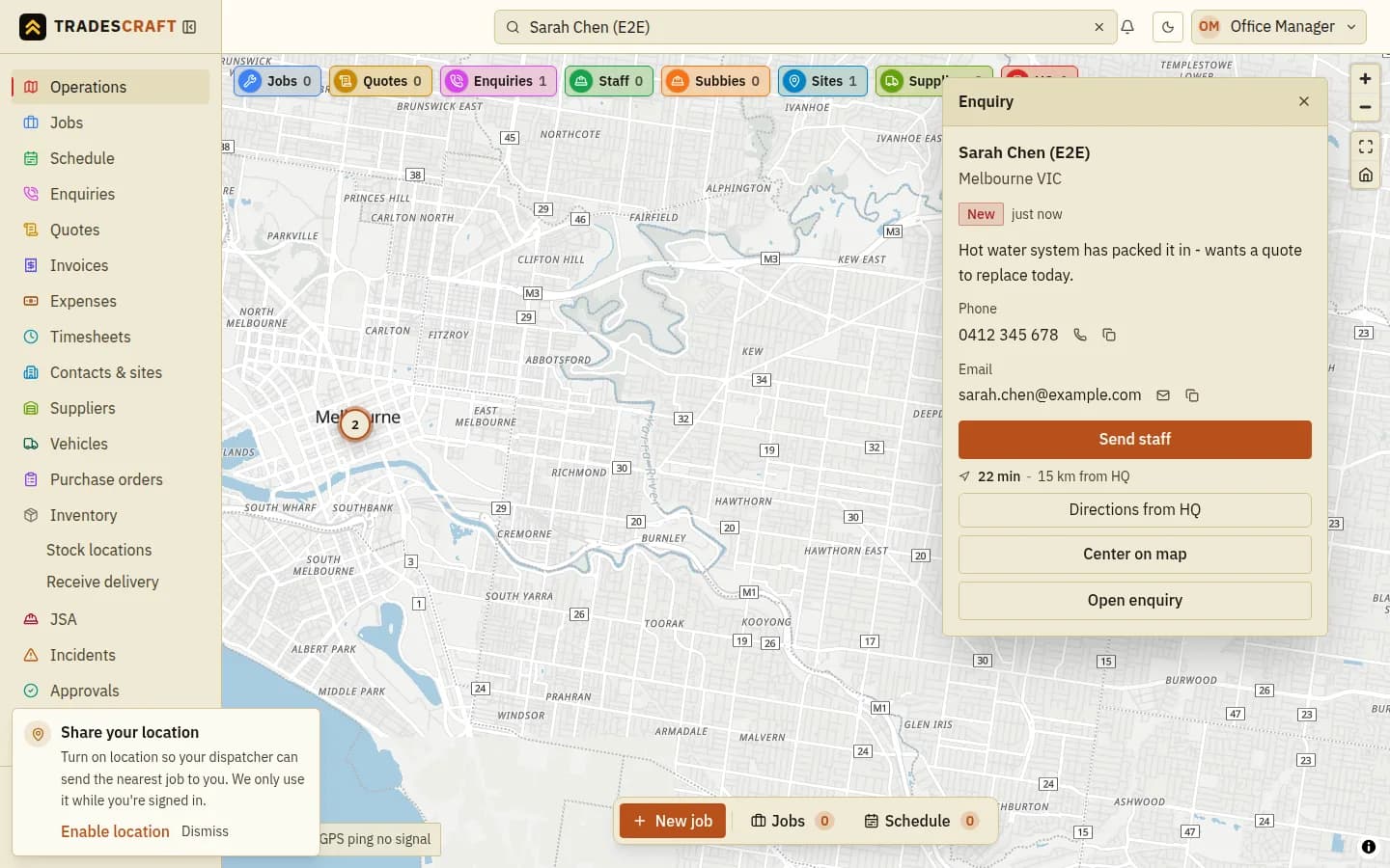 An enquiry's detail panel on the operations map: the caller's phone and email, each with one-tap call, email and copy buttons, plus send-staff and directions to site