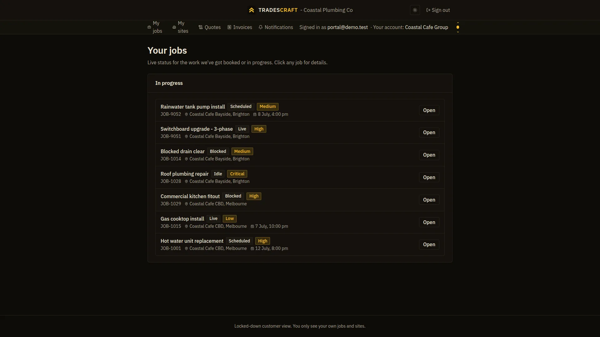 The Tradescraft customer portal showing a customer their own in-progress jobs with status and priority, scheduled times, and a locked-down customer view notice