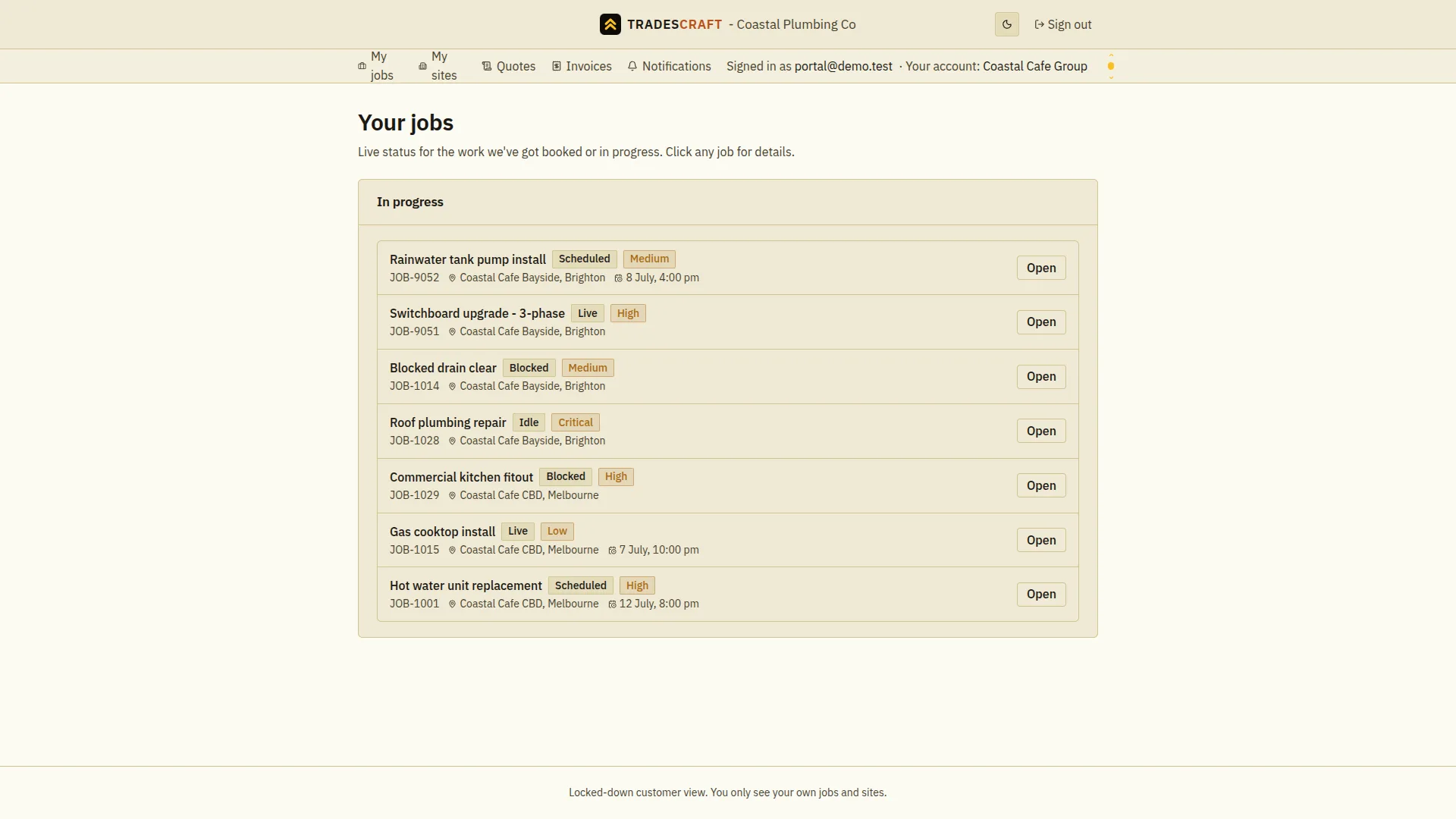 The Tradescraft customer portal showing a customer their own in-progress jobs with status and priority, scheduled times, and a locked-down customer view notice