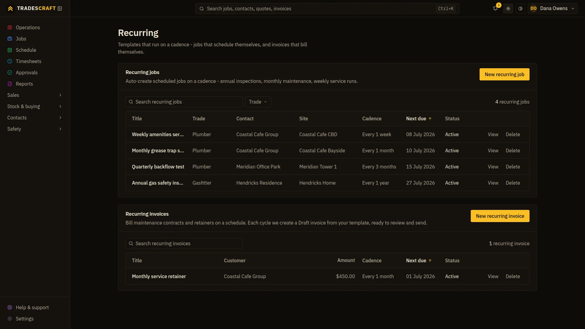 The Tradescraft recurring screen listing recurring jobs by cadence and next due date, and recurring invoices below