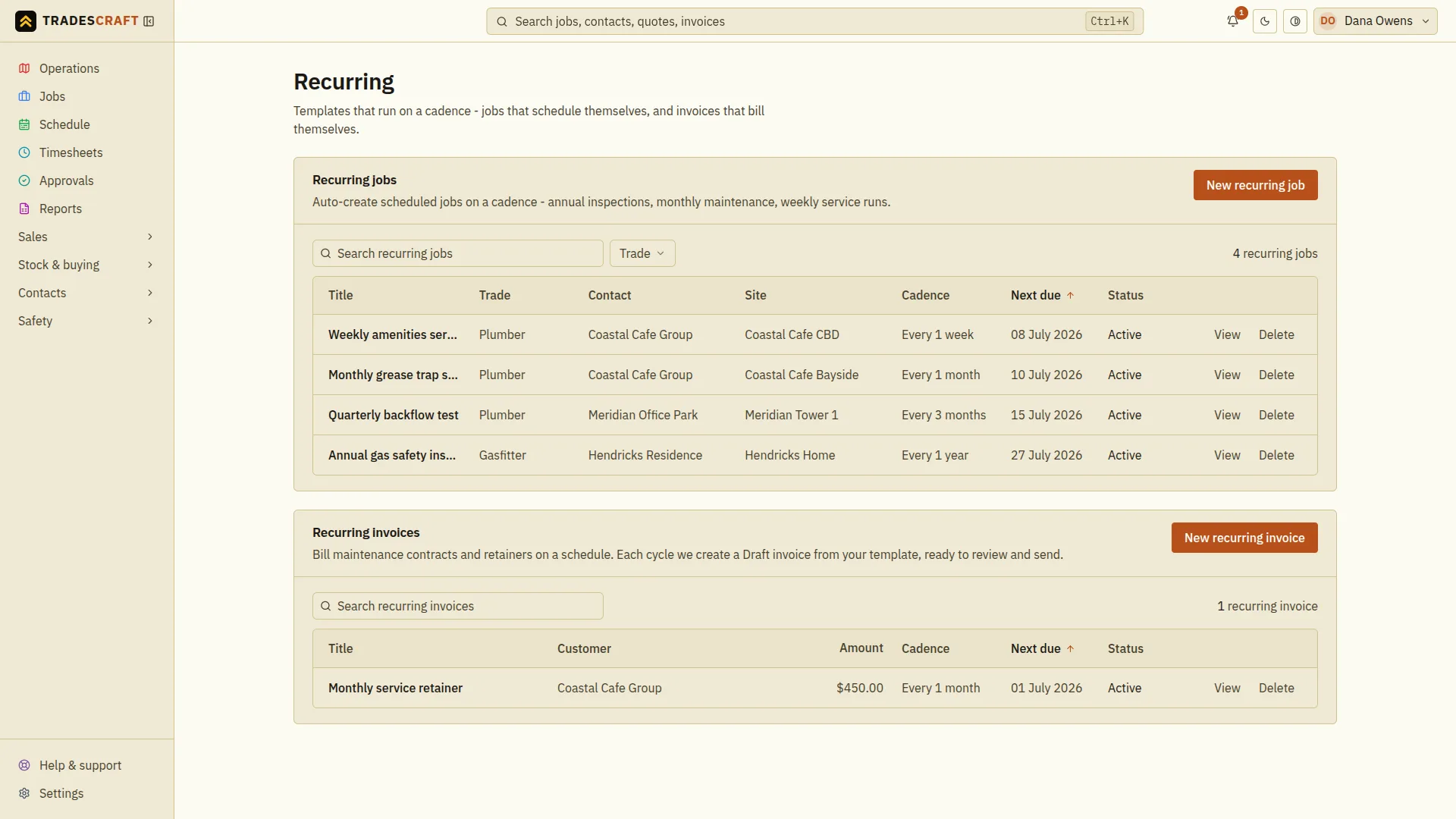 The Tradescraft recurring screen listing recurring jobs by cadence and next due date, and recurring invoices below