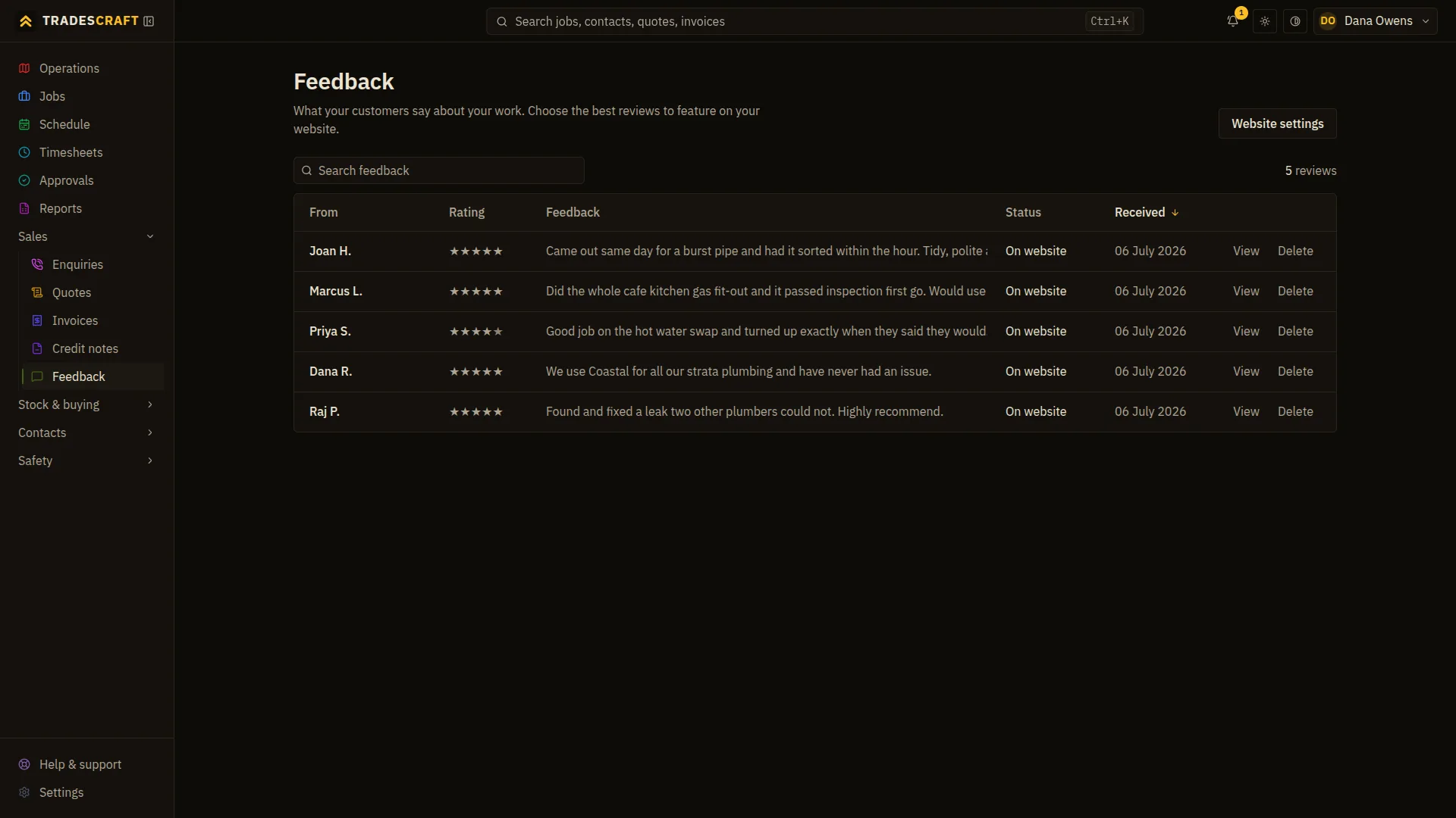 The Tradescraft feedback screen listing customer reviews with a star rating, the review text, whether it shows on the website, and when it was received