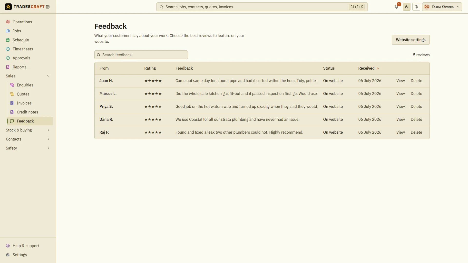 The Tradescraft feedback screen listing customer reviews with a star rating, the review text, whether it shows on the website, and when it was received