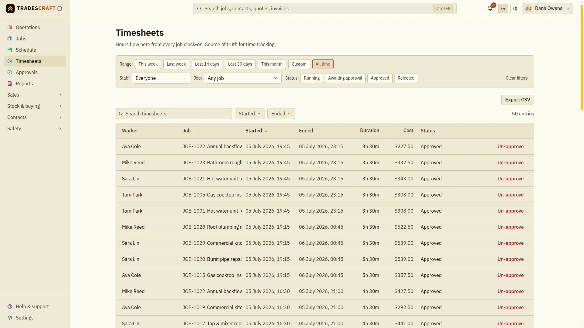 The Tradescraft timesheets list showing each entry's worker, job, start and end time, duration, cost and approval status