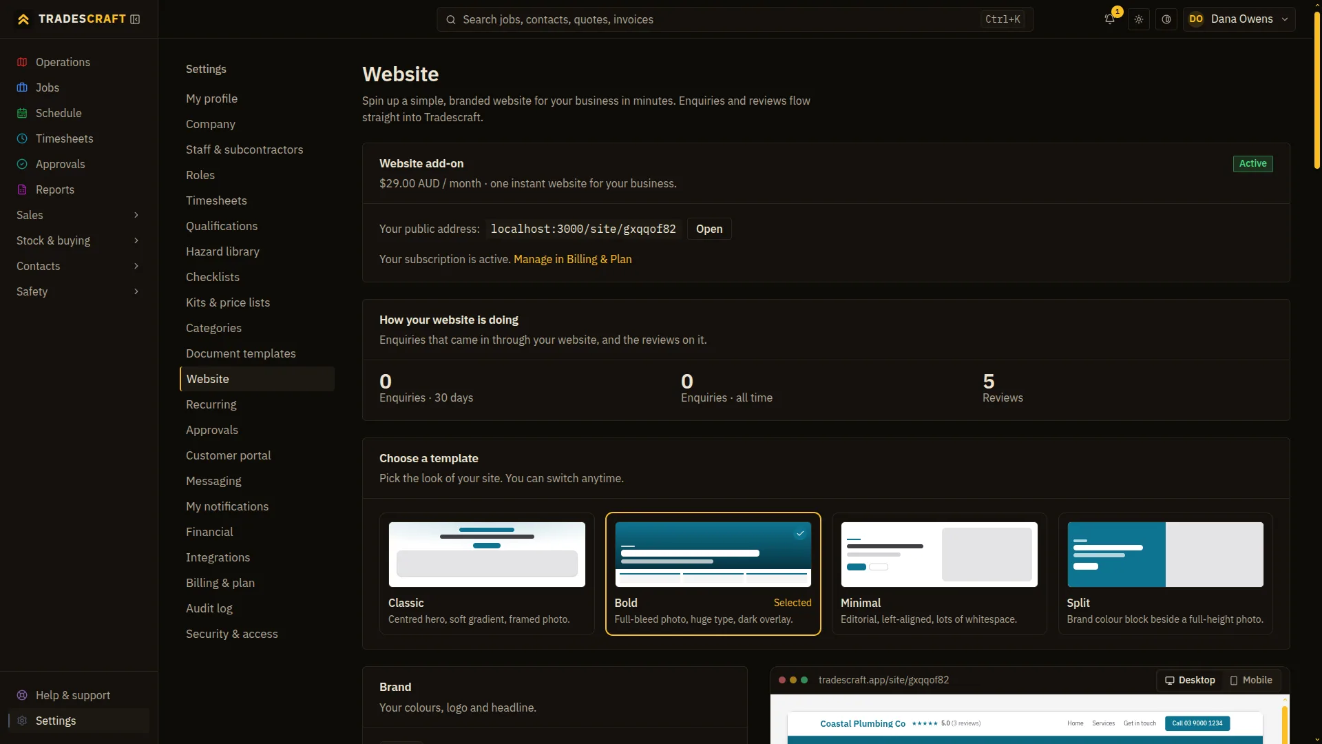 The Tradescraft website builder: the add-on status, enquiry and review counts, a template picker with four looks, and a live preview of the published site