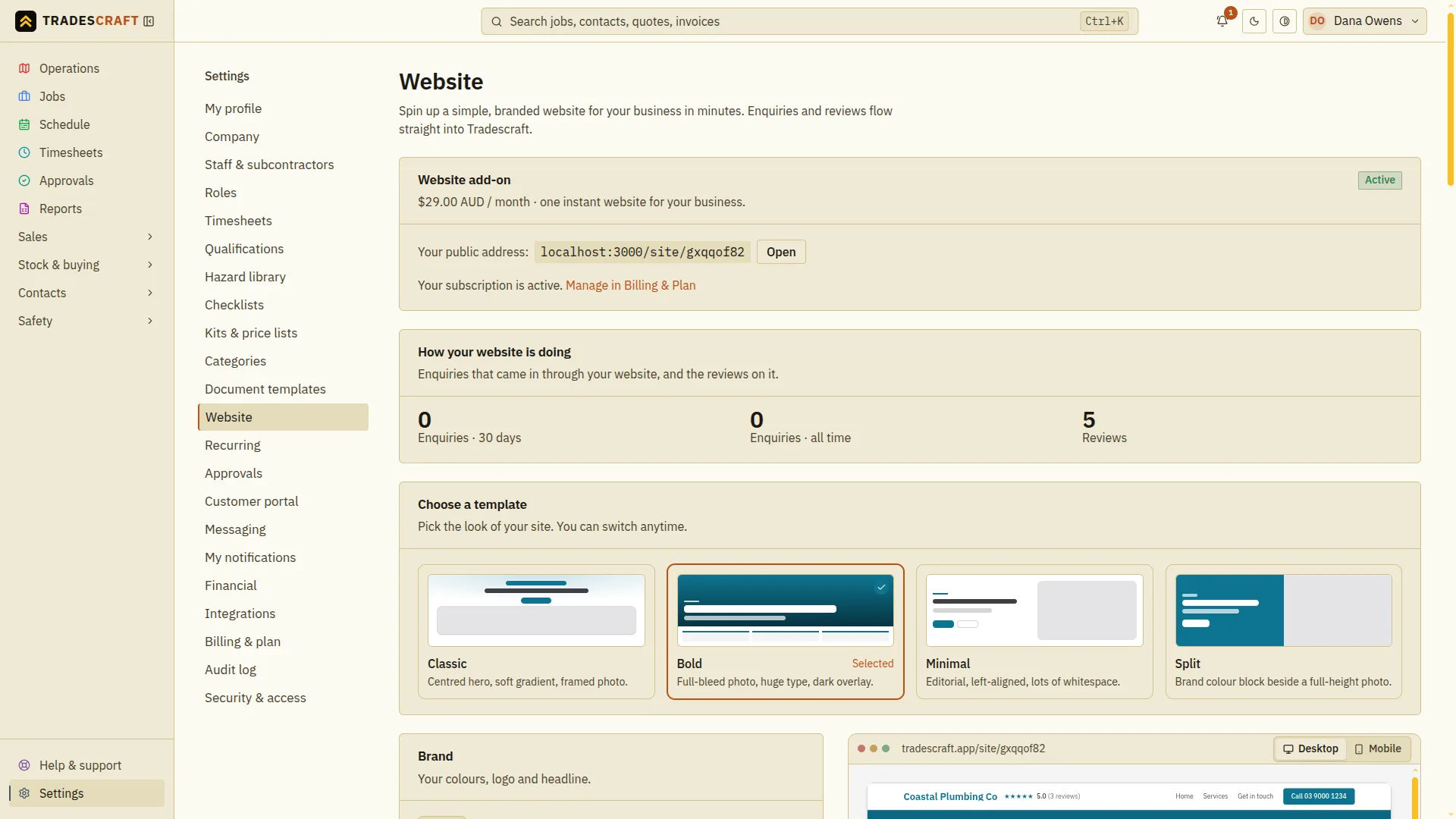 The Tradescraft website builder: the add-on status, enquiry and review counts, a template picker with four looks, and a live preview of the published site